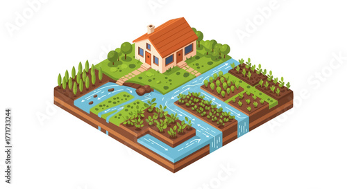 Isometric illustration of a rural farm with a house and river.