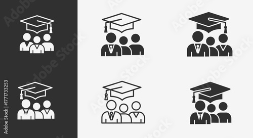 Six graduation icons showing a group of people wearing graduation caps, presented in varying styles and color schemes on contrasting backgrounds.