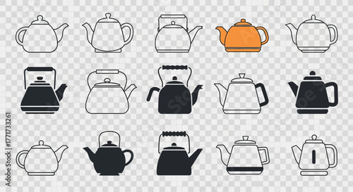 A collection of fifteen teapots in various styles and colors, including outline and solid fill designs, arranged on a transparent background.