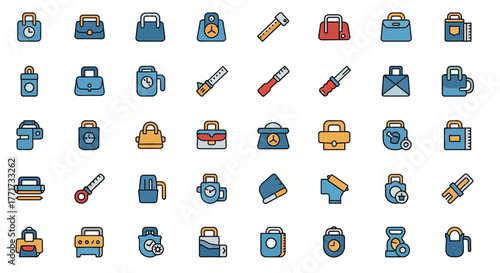 A collection of vector icons depicting various toolboxes, bags, and hand tools, arranged in a grid pattern against a white background.