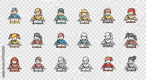 Collection of diverse cartoon students sitting at desks, writing or drawing in open books, in various hair and clothing colors.