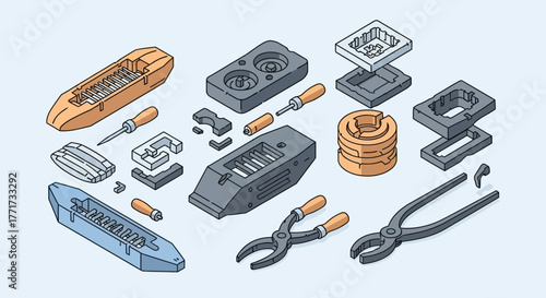 Isometric Illustration of Mold Making Process and Tools.