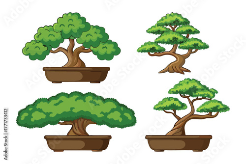 Artistic Bonsai Collection: A meticulously illustrated selection of bonsai trees, each a testament to the art of cultivation and tranquility.