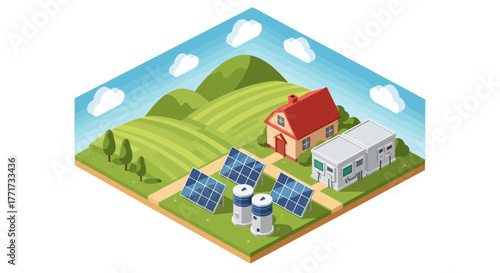 Isometric view of a sustainable farm with solar panels and battery storage.