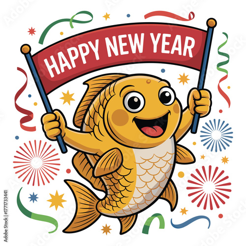 Cute golden fish mascot holding a “Happy New Year” banner while surrounded by fireworks
