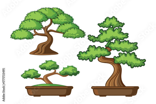 Bonsai Trees: Artistic Illustration of Miniature Plants in Decorative Pots, Evoking Tranquility and Artistry