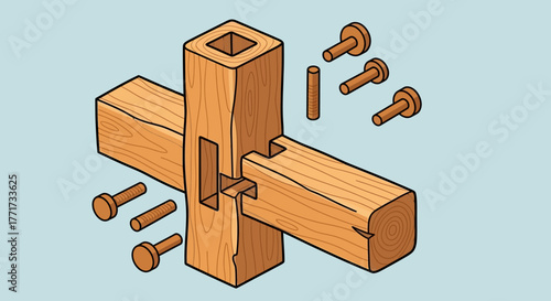 Mortise and Tenon Joint Illustration with Pegs and Screws.