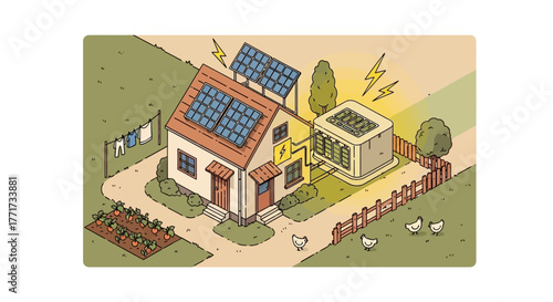 Residential House with Rooftop Solar Panels and Energy Storage Battery.