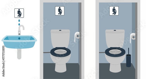 Restroom Facilities with Sink and Toilets Illustration.
