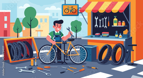 Smiling male mechanic repairing a bicycle in his workshop.