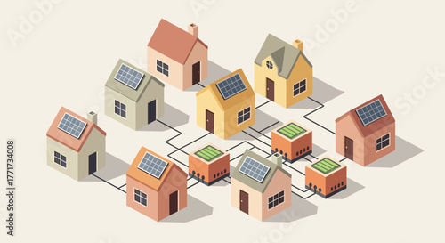 Solar powered smart homes connected in a neighborhood grid.