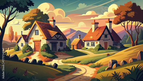 vintage vector landscape of an old countryside village, stone cottages with thatched roofs, dirt road, warm golden sunlight, soft mist, calm nostalgic atmosphere, natural color palette
