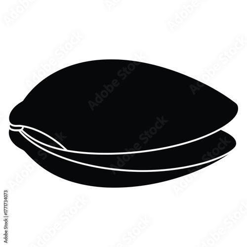 Silhouette of a clam, showcasing its bivalve structure and smooth lines in a minimalist design, ideal for seafood themes