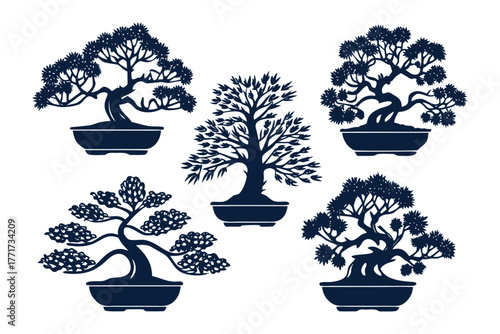 Bonsai Collection in Silhouette: A curated collection of bonsai trees in silhouette, showcasing their unique shapes and intricate details. A harmonious display of nature's artistry