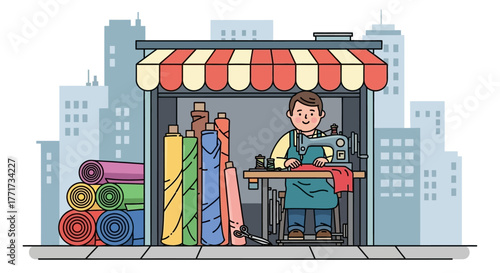 Tailor at work sewing clothes in his workshop with fabrics.