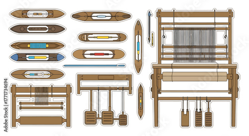Vector Illustration Set of Wooden Weaving Looms and Shuttles.