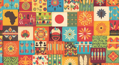 Vibrant Global Cultural Pattern Design with Diverse Motifs.