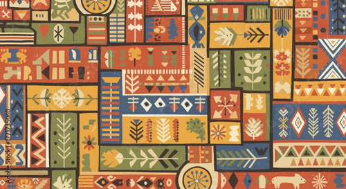 Vibrant Geometric Folk Art Pattern with Abstract Motifs.