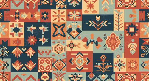 Vibrant seamless pattern of ethnic folk art and tribal motifs.