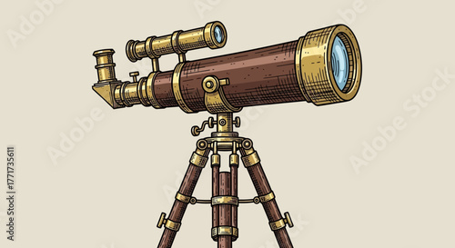 Vintage Telescope on Tripod - A Detailed Illustration of Astronomical Equipment.