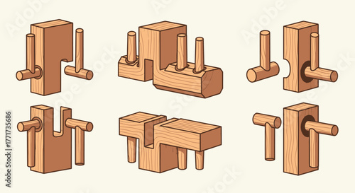 Wooden Japanese Interlocking Puzzle Pieces Displayed in Various Configurations.