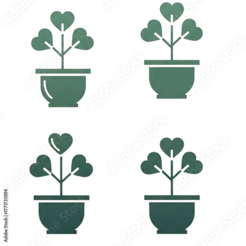 Four Potted Plants with Heart-Shaped Leaves illustration vector