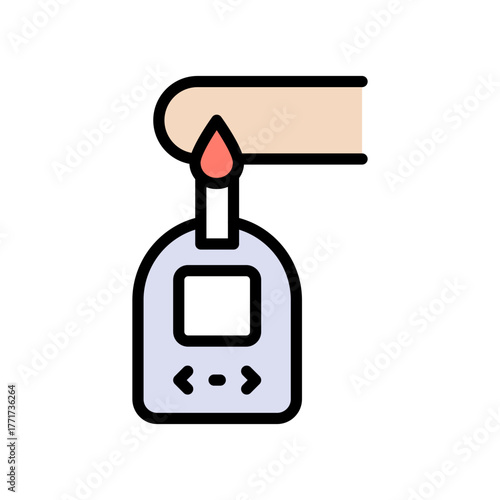 Blood test taking sample from finger prick. Blood glucose meter test color icon. Medical analysis procedure symbol. Simple vector illustration.