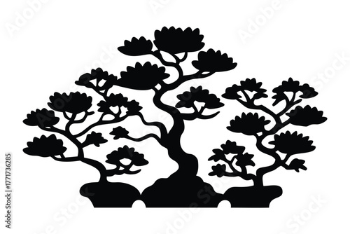Elegant Bonsai Silhouette: A graceful arrangement of bonsai trees, meticulously crafted into a dark silhouette, evoking a sense of tranquility and artistic finesse.