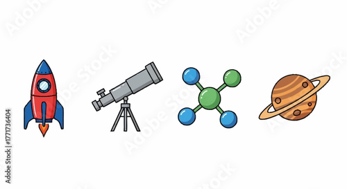 Science and Space Exploration Icons Set with Rocket Telescope Molecule and Planet.