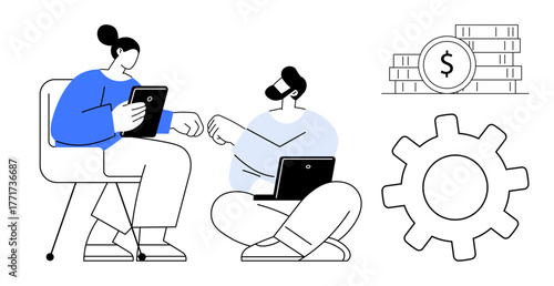 Two individuals discussing financial matters using tablet and laptop, with a coin stack, dollar sign, and a gear symbol. Ideal for teamwork, finance, technology, productivity, communication
