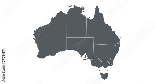 Gray flat map of australia with state borders on white background