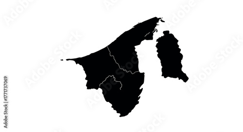 Black silhouette map of brunei with white borders on plain background