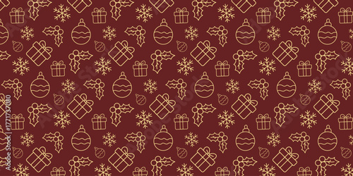 Seamless Christmas pattern with elegant gold outline icons of gifts, ornaments, and snowflakes on a festive red background