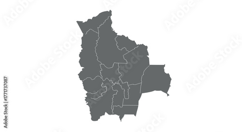 Grey silhouette map of bolivia with regional borders in minimalist style