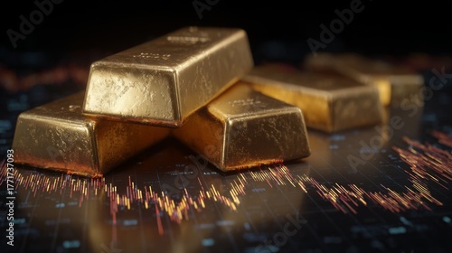 Wallpaper Mural Close-Up of Gold Bars on Digital Background with Financial Data and Stock Market Trends Representing Wealth and Investment Opportunities Torontodigital.ca