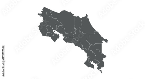 Detailed gray silhouette map of costa rica with provincial boundaries