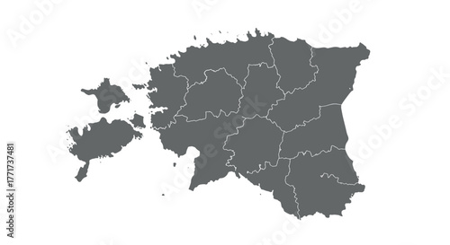 Dark gray silhouette map of estonia with regions delineated in white