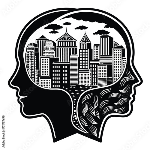Double Exposure Head Silhouette with Cityscape T-Shirt Design (Engraving Style)