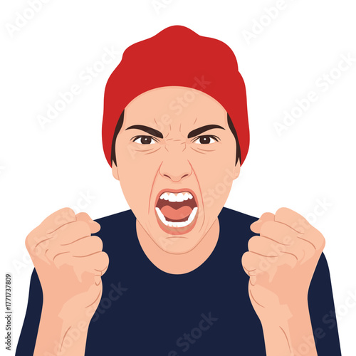 A furious young person with a red beanie and dark shirt clenches their fists and yells in anger, expressing intense frustration.