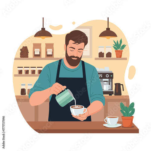 Professional male barista expertly prepares a cup of coffee with latte art, working behind the counter in a cozy cafe.