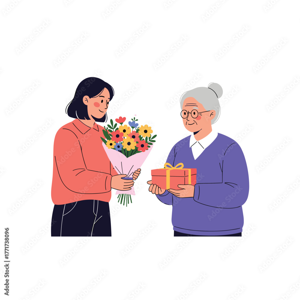 Obraz premium A smiling young woman gives a beautiful bouquet of colorful flowers to an appreciative older woman holding a thoughtful gift box.
