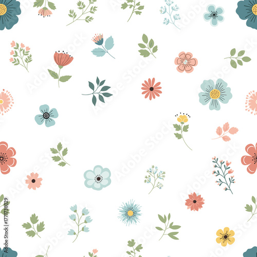 A cheerful seamless pattern featuring an array of small, hand-drawn flowers and leaves in pastel colors on a crisp white background.