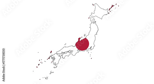 Outline map of japan with red sun highlighting geographical islands