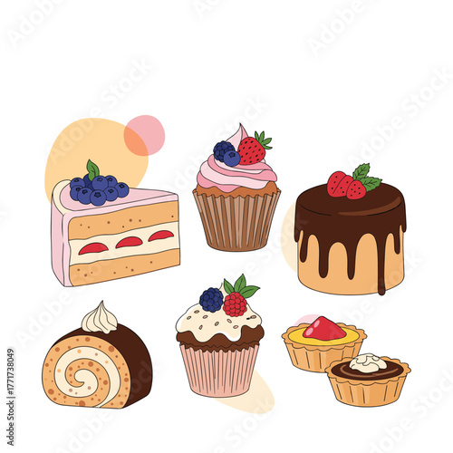 A colorful collection of hand-drawn desserts including cakes, cupcakes, tarts, and a swiss roll, perfect for sweet treats and celebrations.