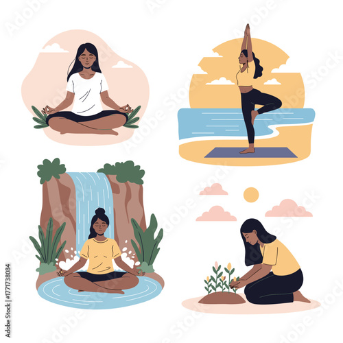 Diverse scenes of a woman finding peace and balance through meditation, yoga, and nurturing nature in serene environments.