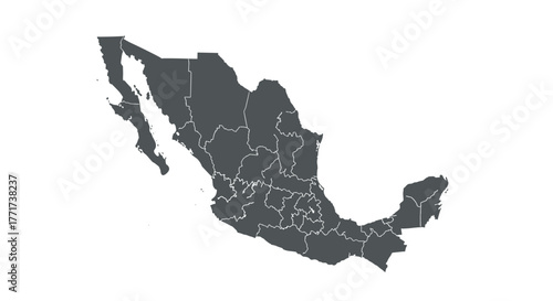 Map of mexico with state borders in dark grey silhouette
