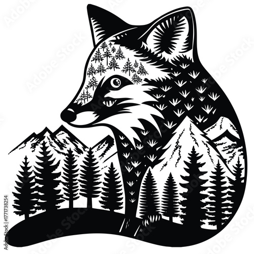 Double Exposure Fox Head Silhouette Vector Graphic for T-Shirt Design