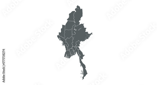 Simplified grey map of myanmar with regional borders on a white background