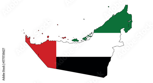 United arab emirates map with national flag colors on white background
