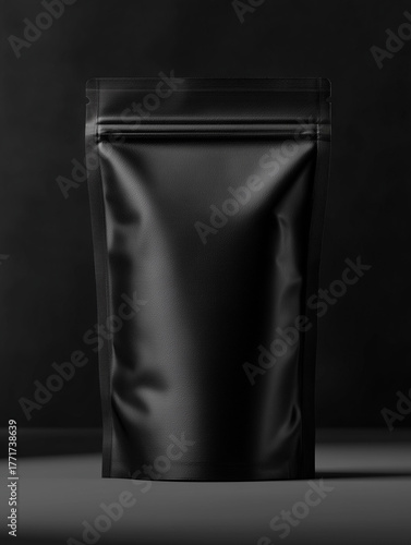 Mockup of Black Doypack and Mylar Bags on Minimalist Black Background with Space for Text